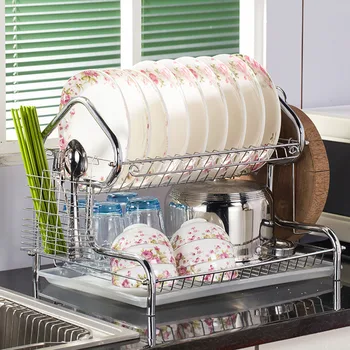 

Stainless Steel 3-Tier Dish Drainer Rack Kitchen Chrome Cup Dish Rack W/Tray