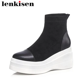 

Lenkisen waterproof round toe super high bottom flock cow leather slip on original designer mature party women ankle boots L42