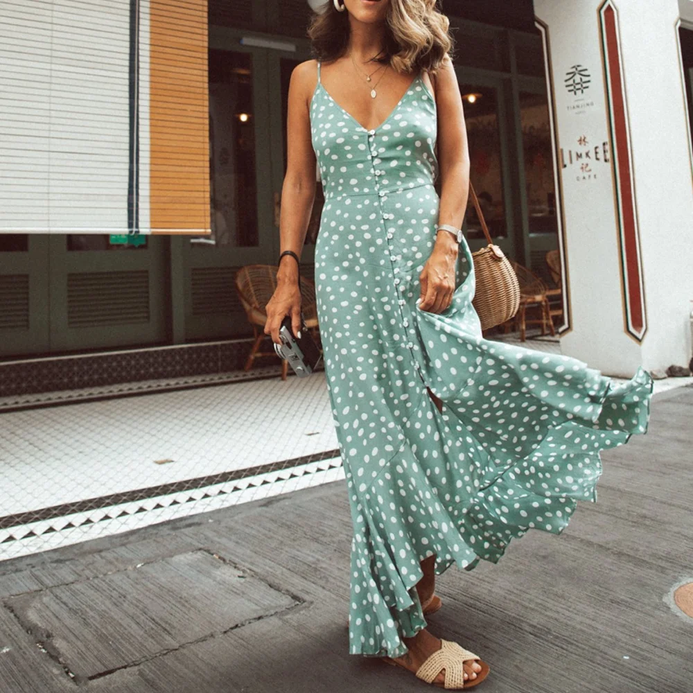 Boho Dot Women Summer Dress Maxi V-neck Spaghetti Strap Bohemian Long Dress Casual Party Beach Sundress Woman Clothing Sexy Robe
