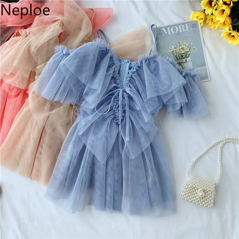 

Neploe Sexy Strapless Sling Gauze Blouse Lace Up V-collar Perspective Women Shirt 2019 Summer Ruffles Backless Blusas Tops 53354