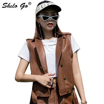 

Streetwear Leather Vest Womens Fashion Turn Down Double Breasted Sleeveless Metal Belt Sheepskin Genuine Leather Vest Female
