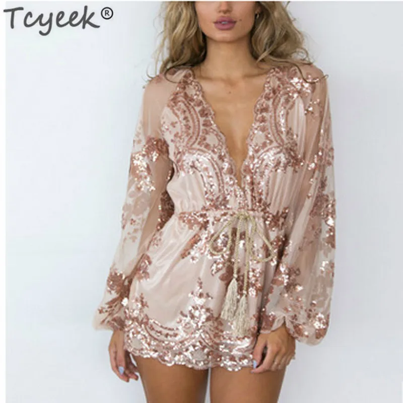 

Tcyeek Summer Sequin Sexy Jumpsuits Women V Neck Streetwear Jumpsuit Beach Shorts Mesh Floral Clothes Ropa Mujer 2019 LWL1713