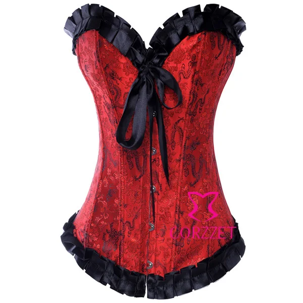 2014 Fashion Black Bow& Ruffles Decoration Red Jacquard Bustiers