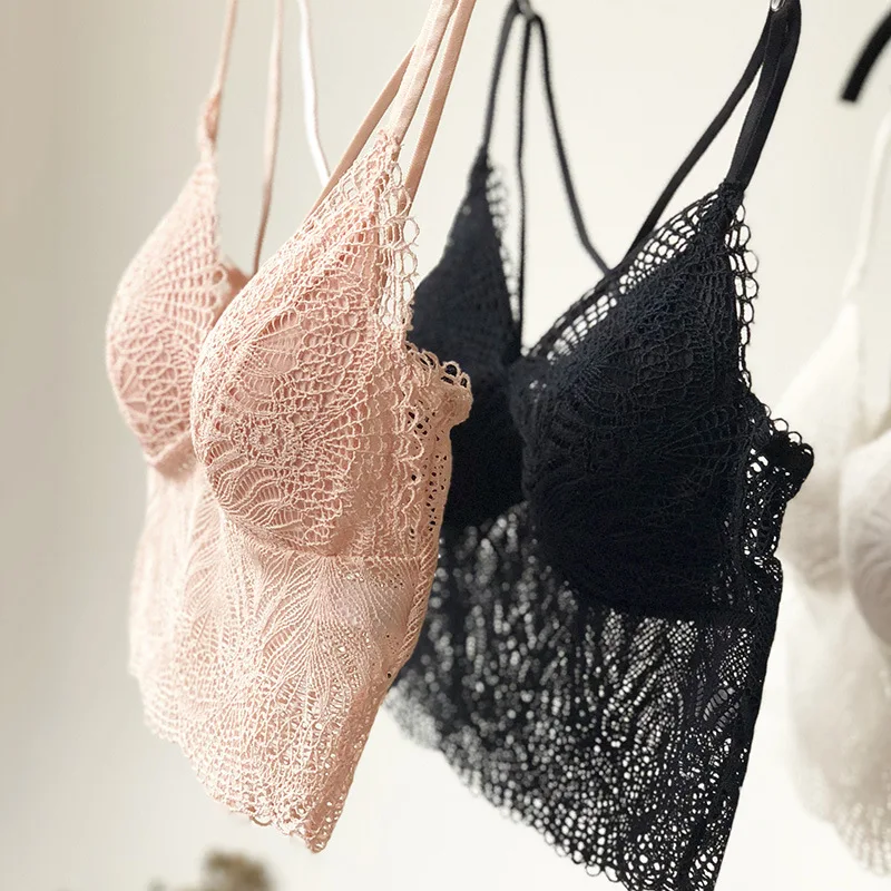 

French Sexy Lace Camisole Summer Breathable Crop Top Pads Push Up Triangel Cups Light Weight Underwear Crosscriss Back
