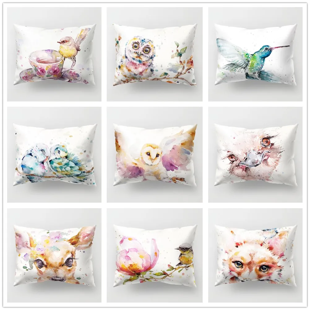 Watercolor Animal Polyester Cushion Cover Soft 30x50cm Cute Bird Owl Deer Print Decorative Pillow Case for Sofa Couch Home Decor