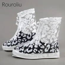 Rouroliu Унисекс Многоразовые Зебра Леопард Нескользящие толстые Водонепроницаемый протектор дождевые туфли чехлы с высоким верхом на плоской подошве RB171