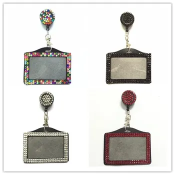 

Bling Rhinestone Credit Card Bus Card Case ID Badge Holder Horizontal with Crystal Retractable Badge Reel 1pcs