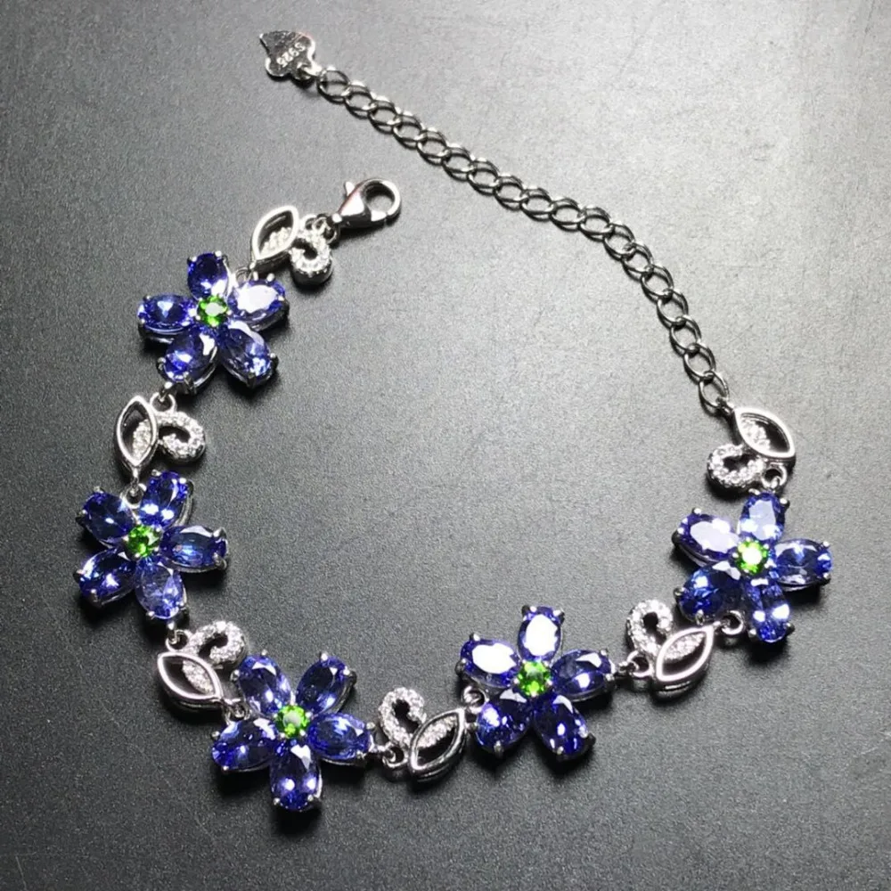 Tanzanite bleu naturel gemme mode luxueux fleur Bracelet naturel diopside Bracelet 925 argent brace
