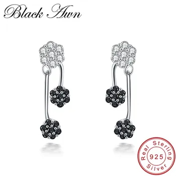 

[BLACK AWN] Charm 100% 925 Sterling Silver Jewelry Stud Earrings for Women Female Black&White Stone Earring T168