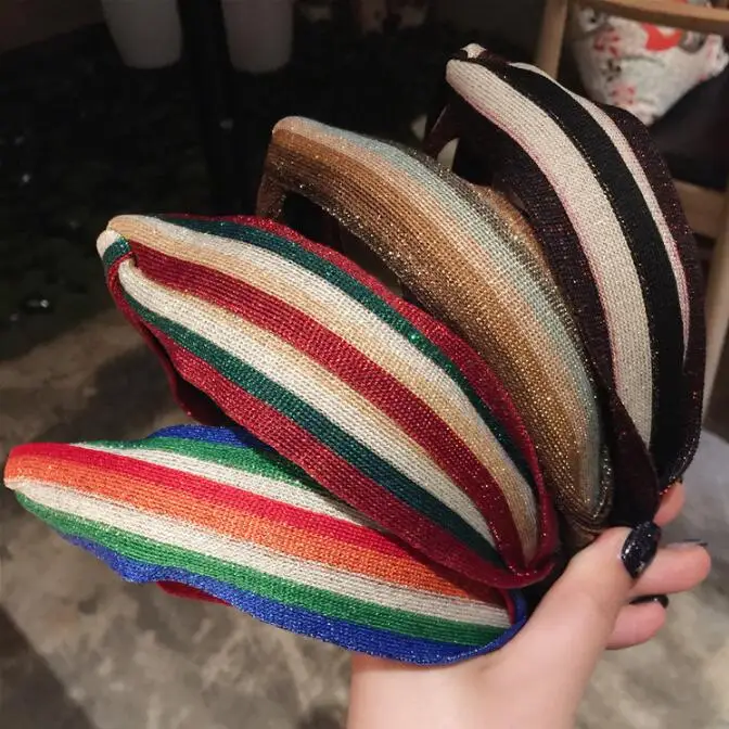 

shiny rainbow wide-brimmed striped knit cross headband gold silk bright line decoration girl fashion hair clasp