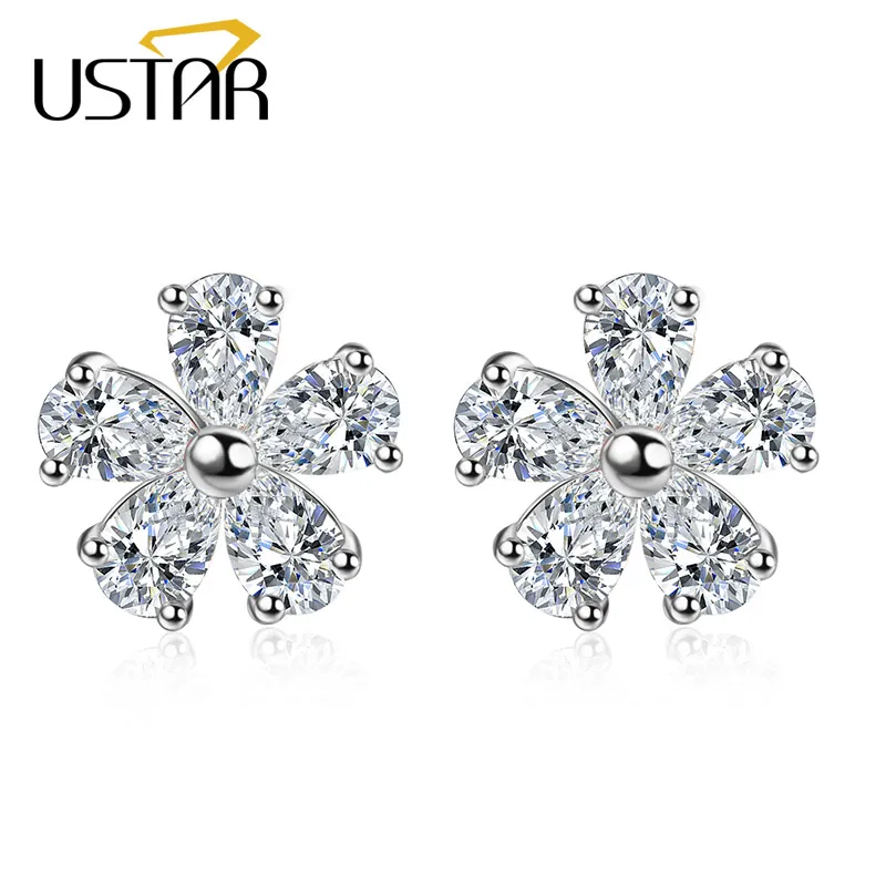 

USTAR Flower Crystals Stud Earring for Women AAA Cubic Zircon Silver color 2018 Fashion Jewelry Earrings female Ear brincos