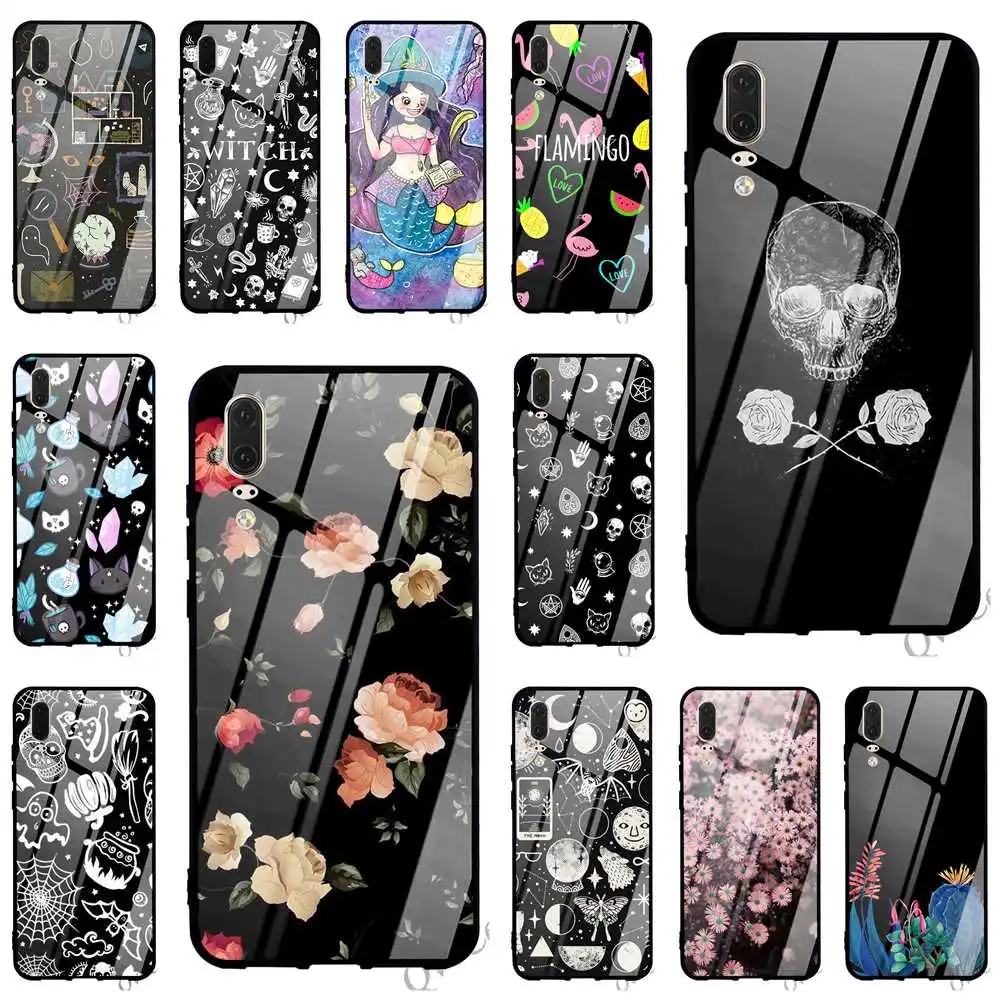 

Fashion Halloween Witch Tempered Glass Phone Case for Huawei P10 Cover 10 7A Y6 Y9 Honor 9 P20 Lite P Smart Mate 20 Pro Shell