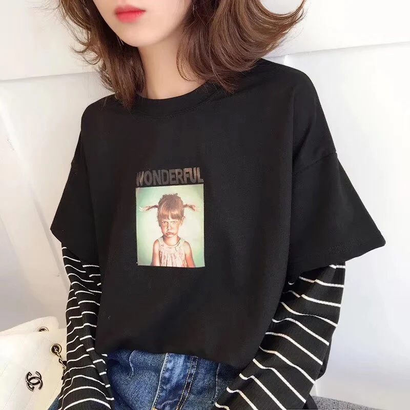 

Women Print Pattern Letter Stripe Long Sleeve O-Neck Fake two-piece Sweatshirts Loose Autumn Casual Female Pullovers 2019