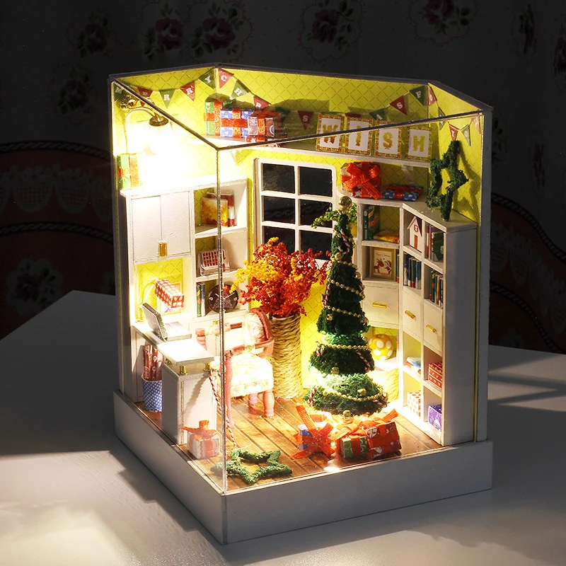 Cute Christmas Room DIY Wood Dollhouse Kit Miniature With Furniture Doll House Room Angel Dream Best Birthday Gift For Girls