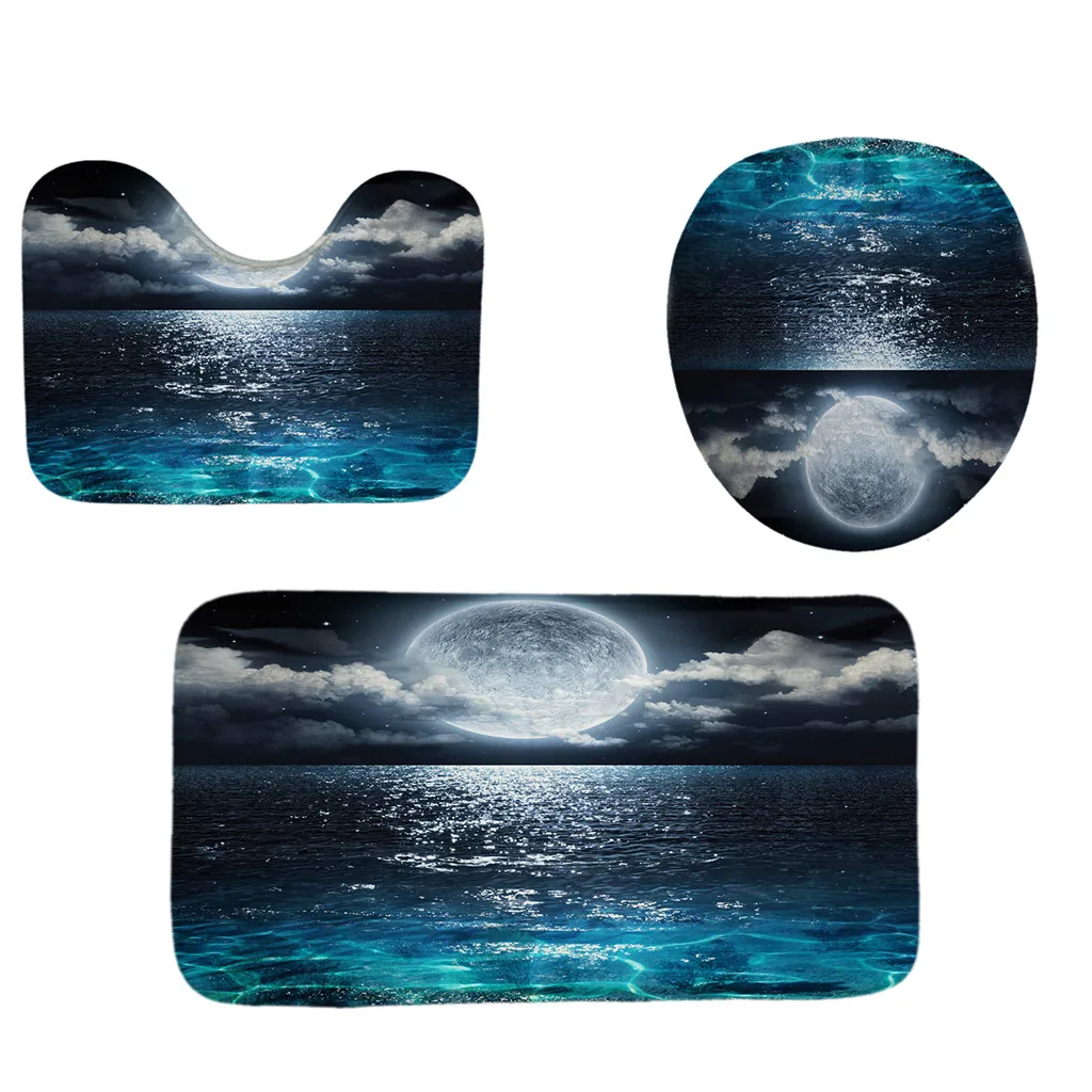 3 PCs Bathroom Decoration Beautiful Printing Non-Slip Toilet Seat Cover and Rug Set For Carpet Decor 2020 New Arrival | Дом и сад