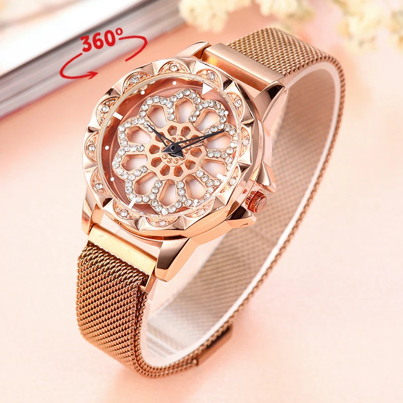 

360 Degree Rotation Women Watch Mesh Magnet Starry Sky Ladies Watch Luxury Fashion Geometric Quartz Watch Relogio Feminino