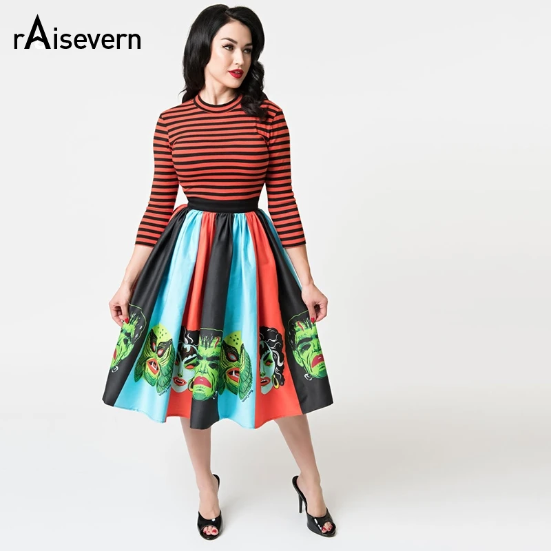 Плиссированная юбка в винтажном стиле с принтом на Хэллоуин, высокая талия, женские юбки для ролевых игр, Повседневные Вечерние юбки для женщин, Прямая поставка