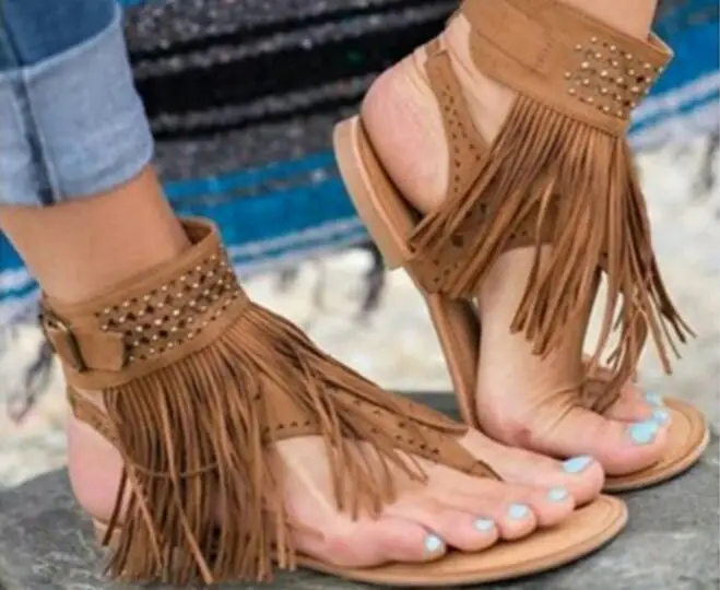 

D. Howe kei 2018 Hot Summer New Bohemia Flat Women Sandals Tassel Woman Flip Flops Vintage Women Shoes Beach