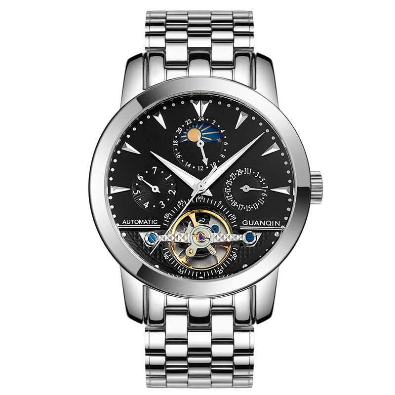 

GUANQIN GQ10028 Skeleton watch men's automatic mechanical moon phase Tourbillon sapphire stainless steel Waterproof Watches