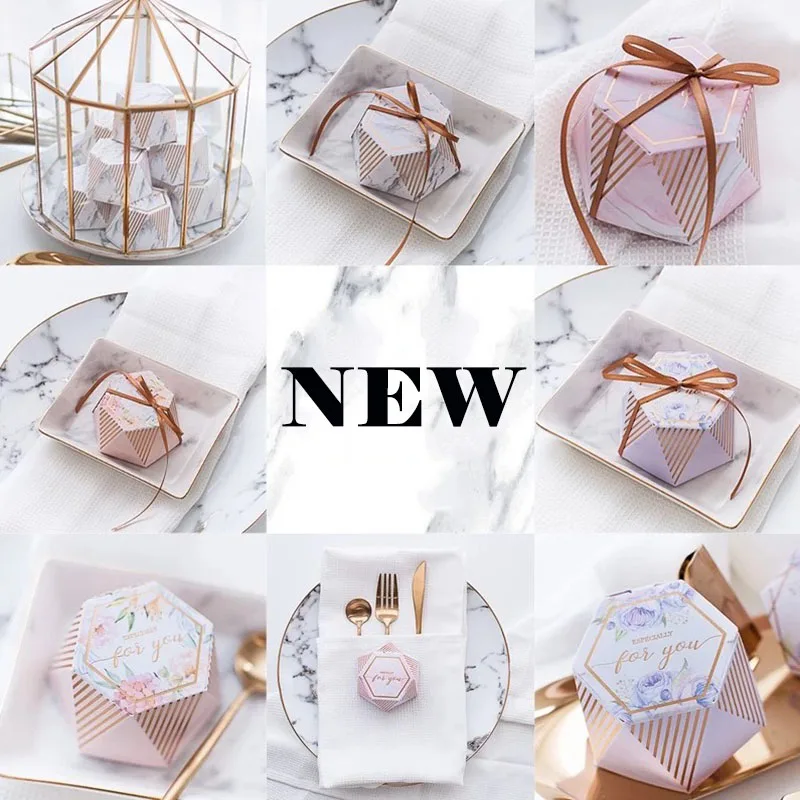 

AVEBIEN 20pcs Creative Marble Flower Polygon Candy Box Wedding Favor for Guests Chocolate Paper Gift Box Wedding Party Souvenirs