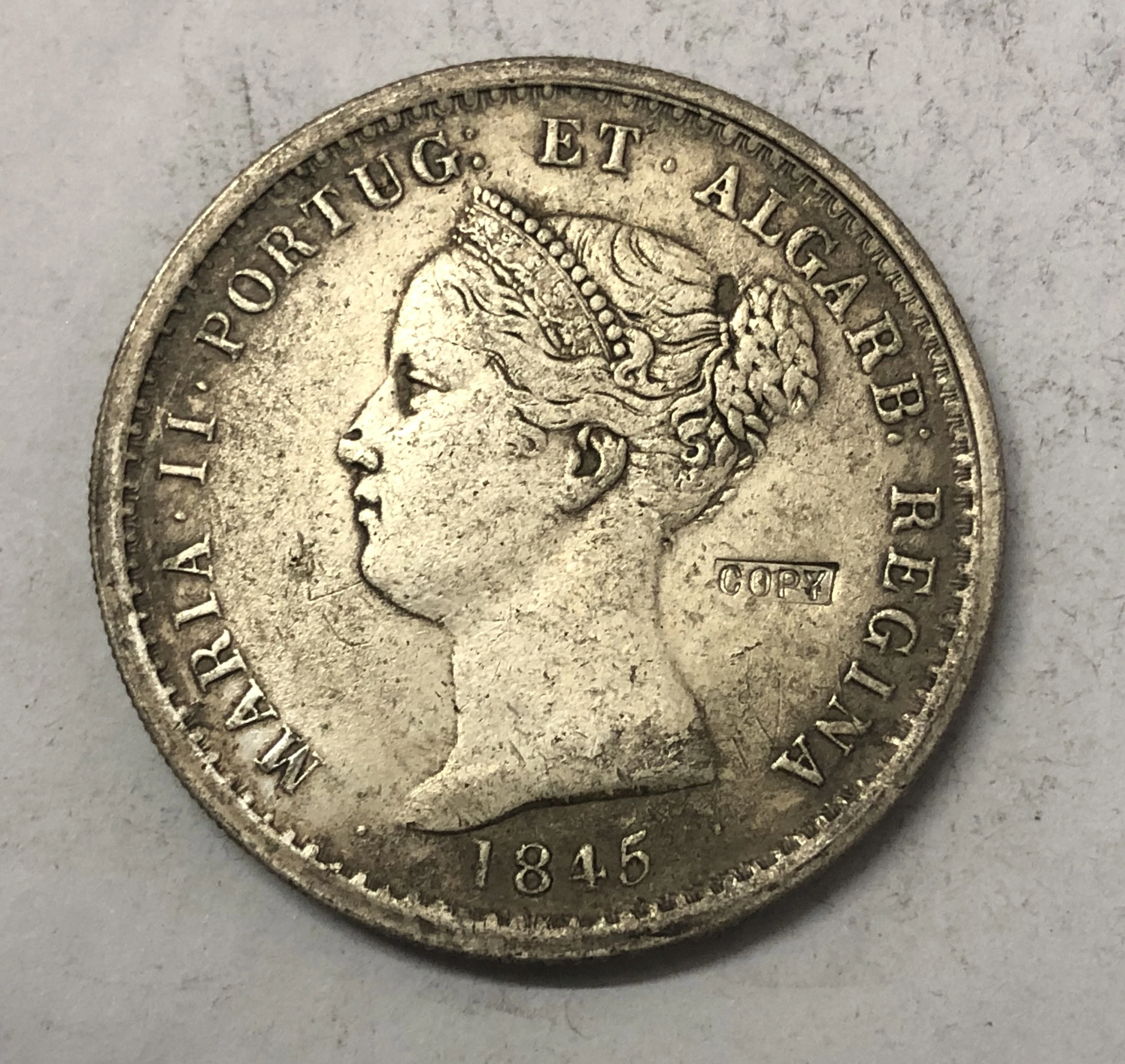 1845 Португалия 1000 Реис-Мария II Посеребренная точная копия отличной монеты | Дом и
