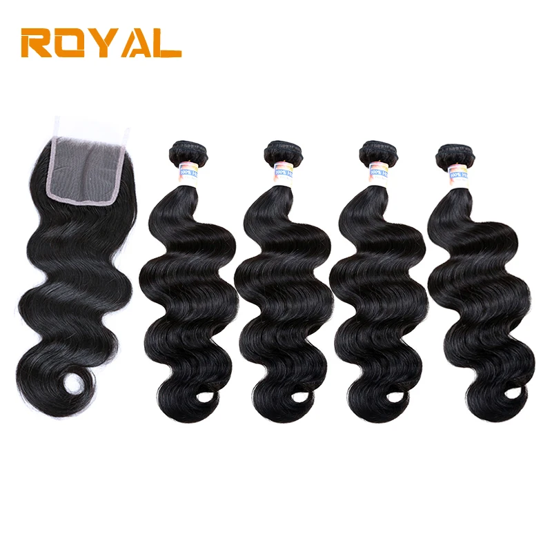 

Indian Human Hair 4 Bundles With Closure Body Wave Bundles With 4x4 Lace Closure Weave Non Remy Royal Hair Bundles One Pack