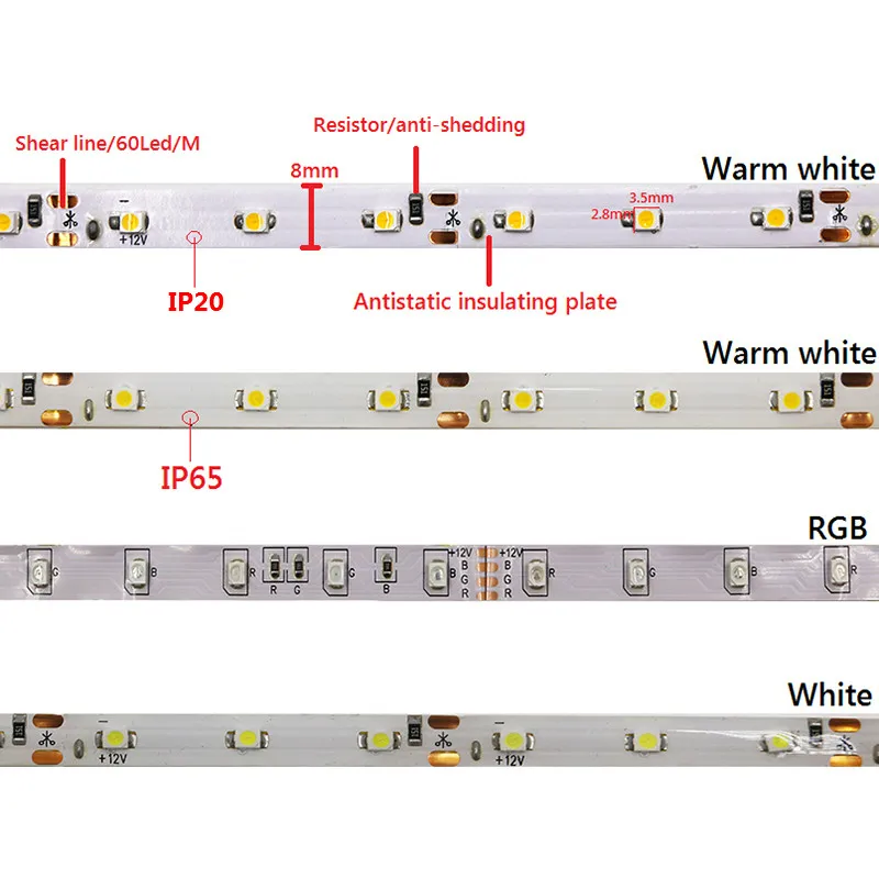 IP65 Водонепроницаемый 300 светодиодный s/5 M SMD 3528 2835 RGB Светодиодные ленты гибкие диода лента 12 V светодиодный ленты 60 Светодиодный/M светодиодный полосы для украшения дома