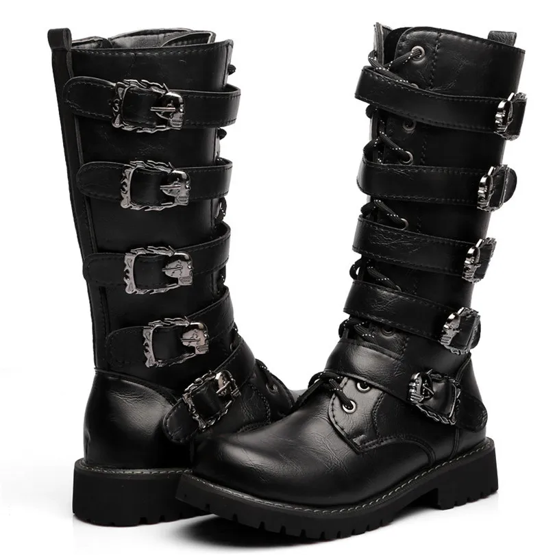 LIN KING Men's Outdoor Plus Size Round Toe Long Boots Black Lace Up Motorcycle Boots Comfortable Men Puncture Proof Safety Shoes