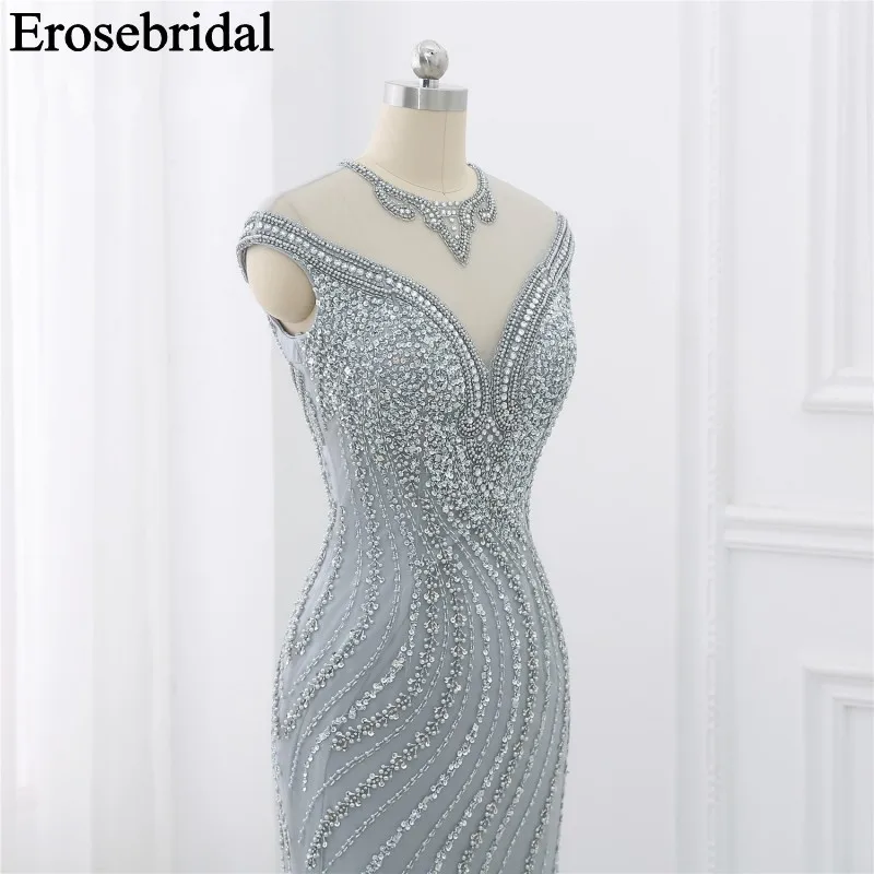 Elegant Evening Dress Long 2019 Sliver Beaded Formal Dresses Evening Gown for Women Illusion Back with Zipper robe soiree Elegant Evening Dress Long 2019 Sliver Beaded Formal Dresses Evening Gown for Women Illusion Back with Zipper robe soiree
