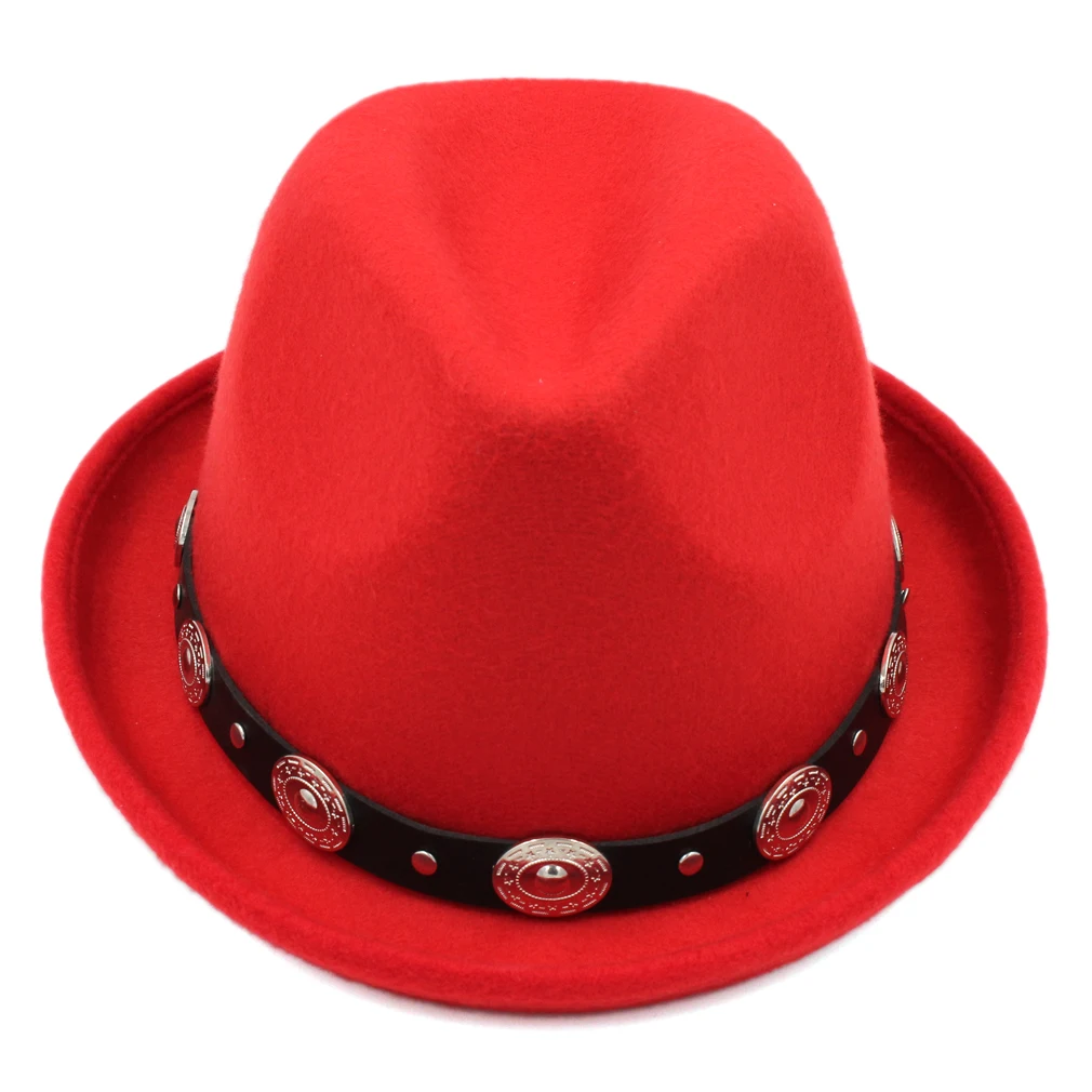 Mistdawn Мода мужская фетровая Кепки фетровой шляпе полушерстяные Bowler Кепки s Подвески Кожаный ремешок - Цвет: Red