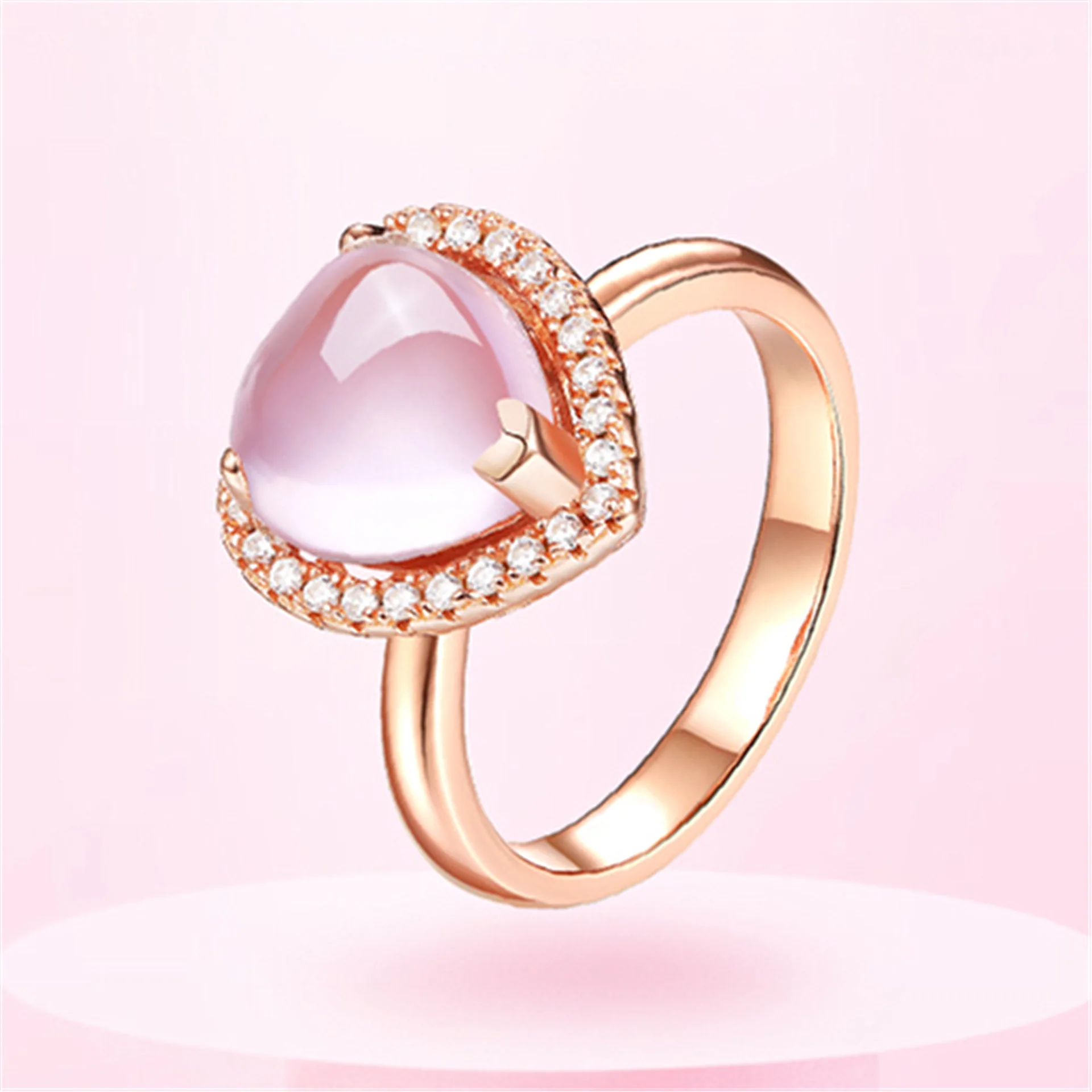 Romantic Rose Gold Color Love Heart Ring for Women Girls Pink Crystal