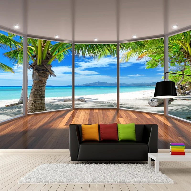 

Custom Photo Wall Paper 3D Stereoscopic Balcony Window Beach Coconut Trees Scenery 3D Background Wall Decoration Mural Wallpaper