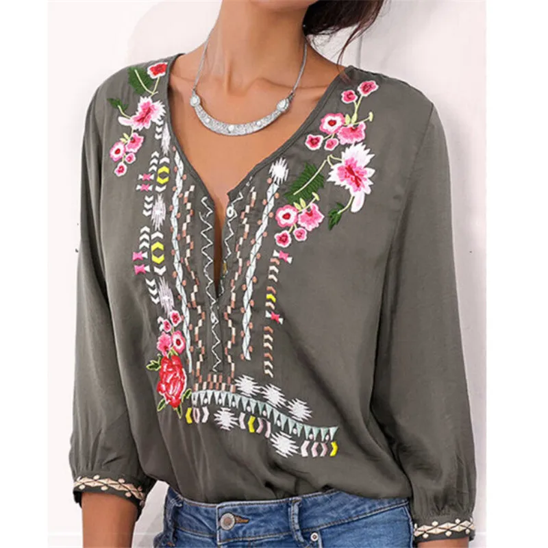 

S-3 XL Women Shirt Embroidered Flowers Deep V-Neck Long Sleeve Shirts 2019 Ladies Summer Autumn Newest Sexy Plus Size Top Blouse