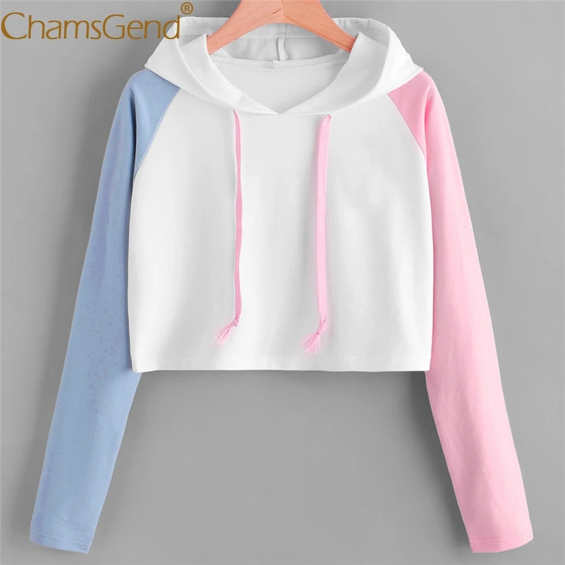 Chamsgend Hoodies Women Sweatshirts Girls Pink Blue Sleeve Crop Top ...