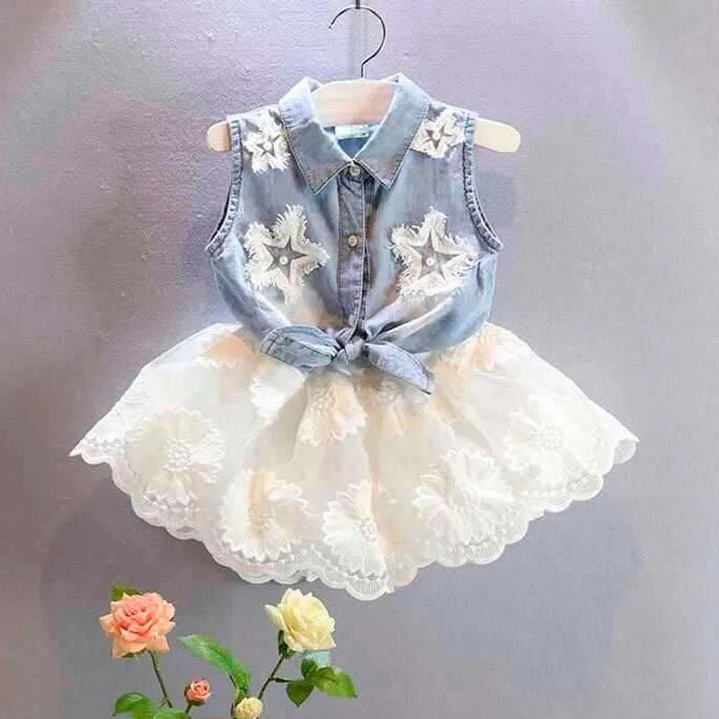 

2019 summer girls clothing sets children fashion sleeveless denim jacket+solid color short skirts 2pcs for girls formal clothes
