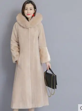 Зимняя куртка с меховым воротником, куртка с капюшоном, меховое пальто, модное свободное плотное теплое длинное пальто, большие размеры, Женское зимнее шерстяное пальто, 4XLA181 - Цвет: apricot