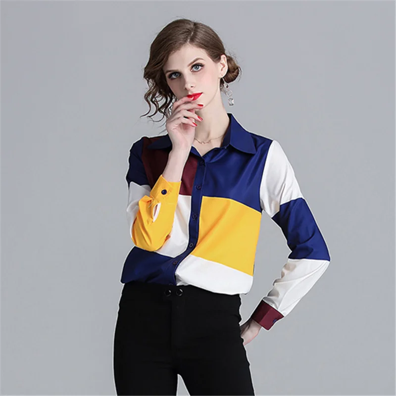 

2019 European new women's clothing collar shirt long sleeve printed runway print vintage blouse elegant long sleeve satin plaid
