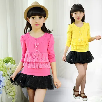 

Children's Girls Render Unlined Upper Garment Spring False Two Long Sleeve Lace Blouse Joker T-shirts Flowers Lace 3 Colour