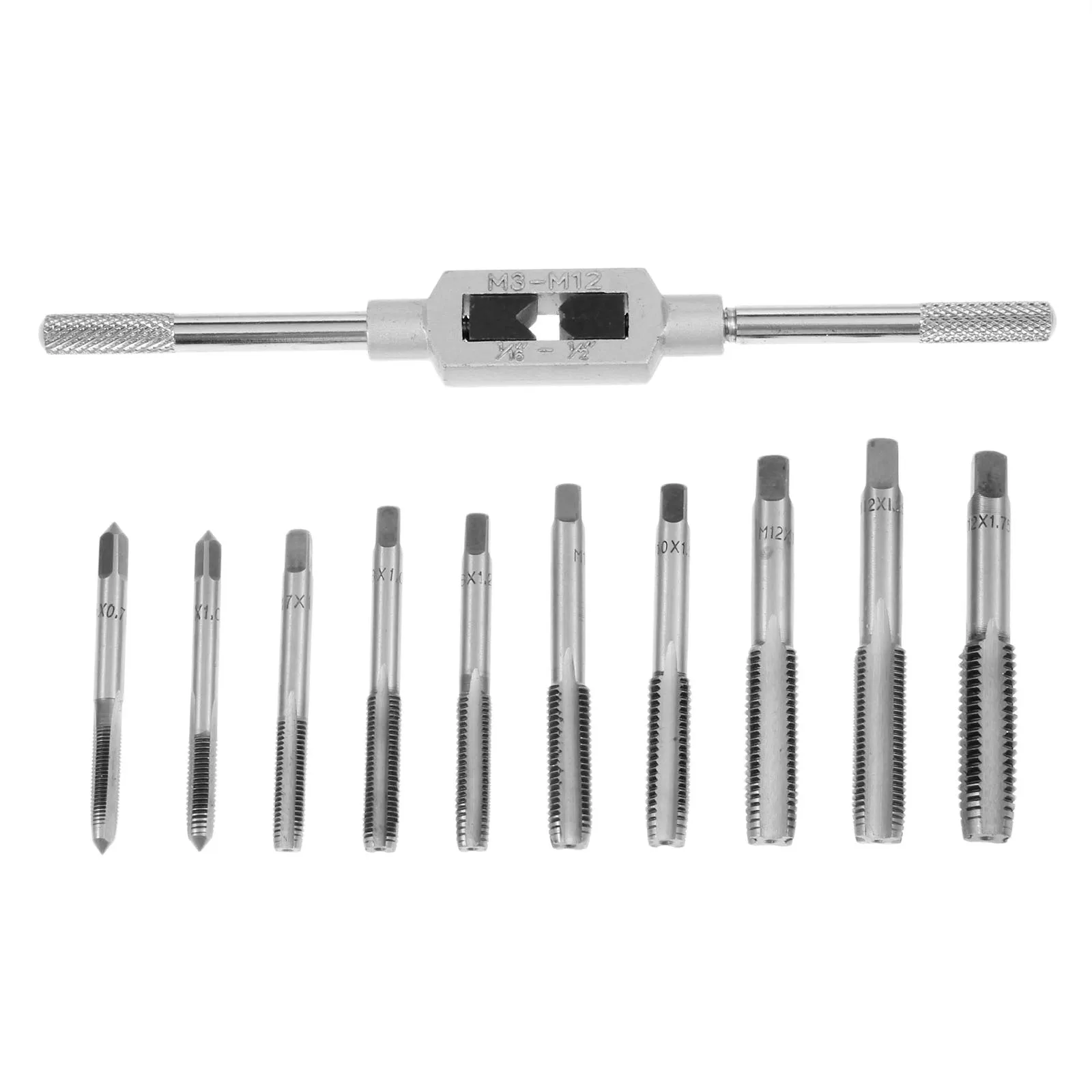 

DRELD 11Pcs/set Tap Wrench Set Hand Tap Tapping Screw Thread Metric Plugs Taps Set M6 M7 M8 M10 M12 with Adjustable Tap Wrench