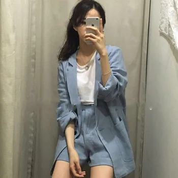 

Summer Cotton and Linen Pant Suits for Women Loose One Button Blazer and Elastic Waisted Hot Shorts 2 Pieces Women Set 2018