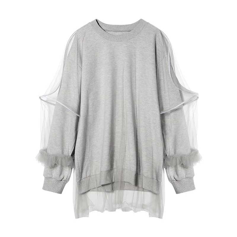 

2019 Autumn Winter New Pattern Long Sleeve Pullovers O-neck Double Mesh Ruffles Solid Colour Cotton Midi Sweatshirt Women H833
