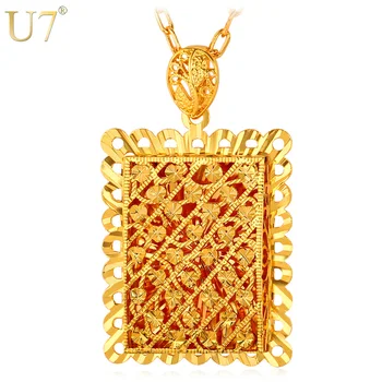 

U7 Luxury Hollow Pendant Necklace Women Men Jewelry Valentines Gift Love Heart Gold Color Big Square Necklaces P688