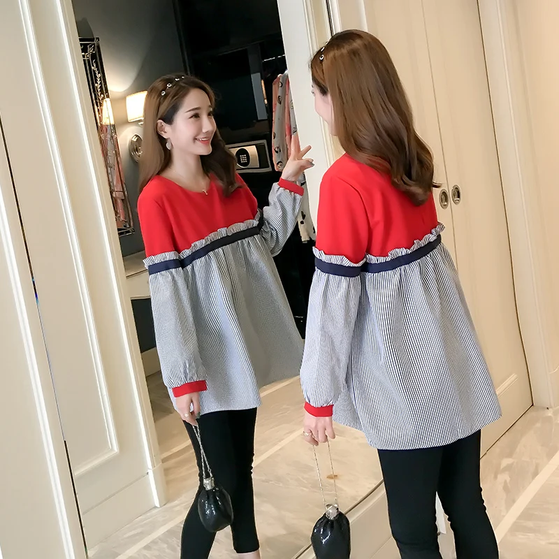 

Maternity Clothes maternity fashion block color patchwork ruffles stripes shirts pregnant women long sleeve loose design blouses
