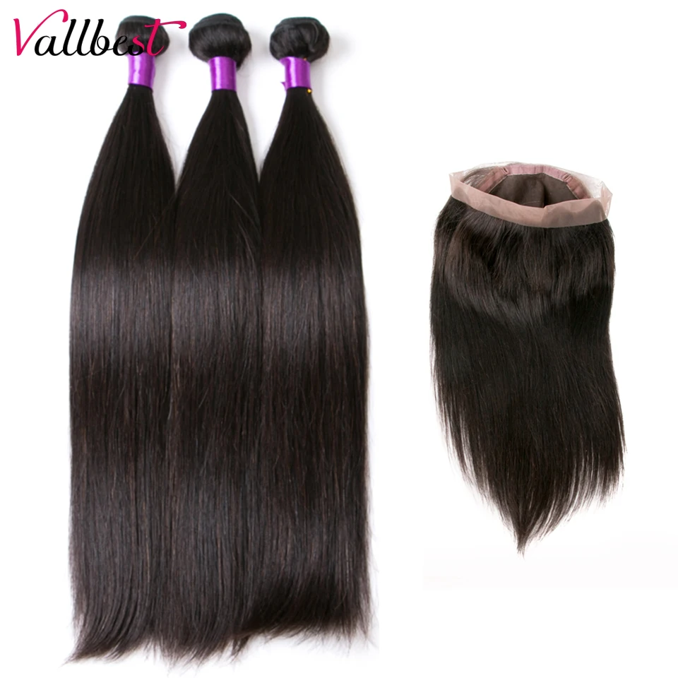 Vallbest Human Hair 360 Lace Frontal With Bundles Brazilian Straight Hair Bundles With 360 Frontal Closure Remy Hair Extensions
