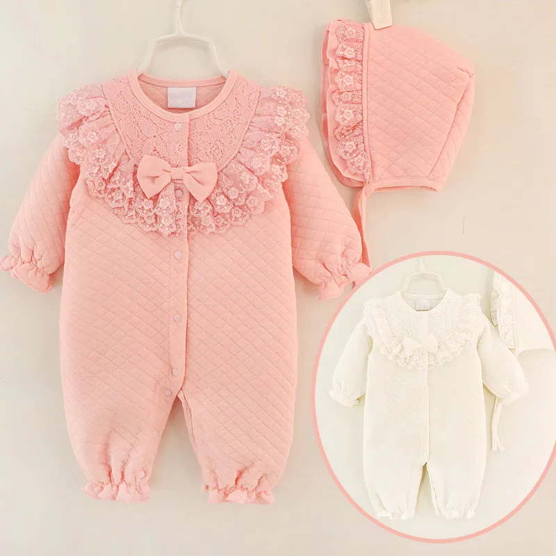 Baby Girl Clothes Winter Newborn Cotton Thicken Coveralls Rompers Princess Bow Girls Clothing Set Jumpsuit + Hats