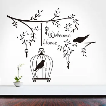 

Welcom Home Birds In The Tree Wall Sticker For Living Room Decoration Hanging Keys And Bird Cage Vinyl Removable Wall Art Decals