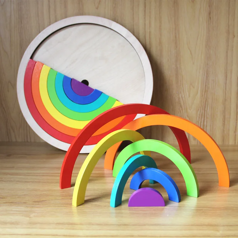 2018 New 14Pcs Rainbow Assembling Blocks Wooden Toys Infant Creative Rainbow Blocks Child Educational Montessori Birthday Gift