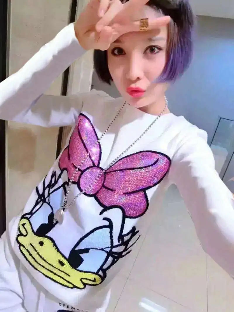 

Long Sleeved T-shirt Women 2018 New Spring Summer Korean Style Cartoon Sequins Slim T Shirts Tees Students Basic Tops Tee