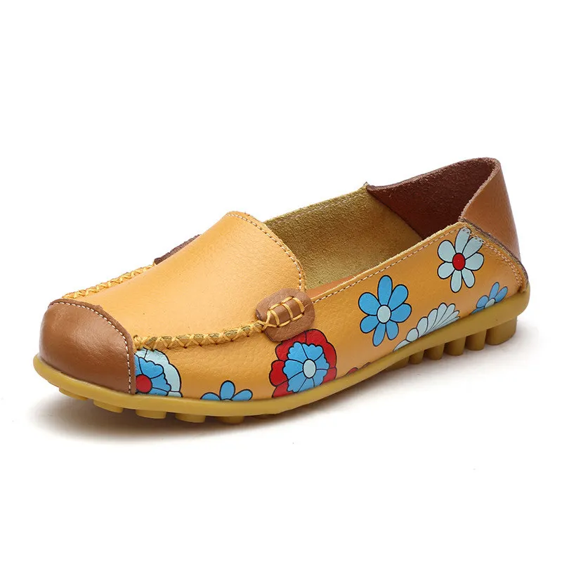 Ariari/Женская обувь из коровьей кожи на плоской подошве Балетки с цветочным принтом легкие туфли для медсестры с гибкой аппликацией модные мягкие повседневные Мокасины - Цвет: Yellow Shoes