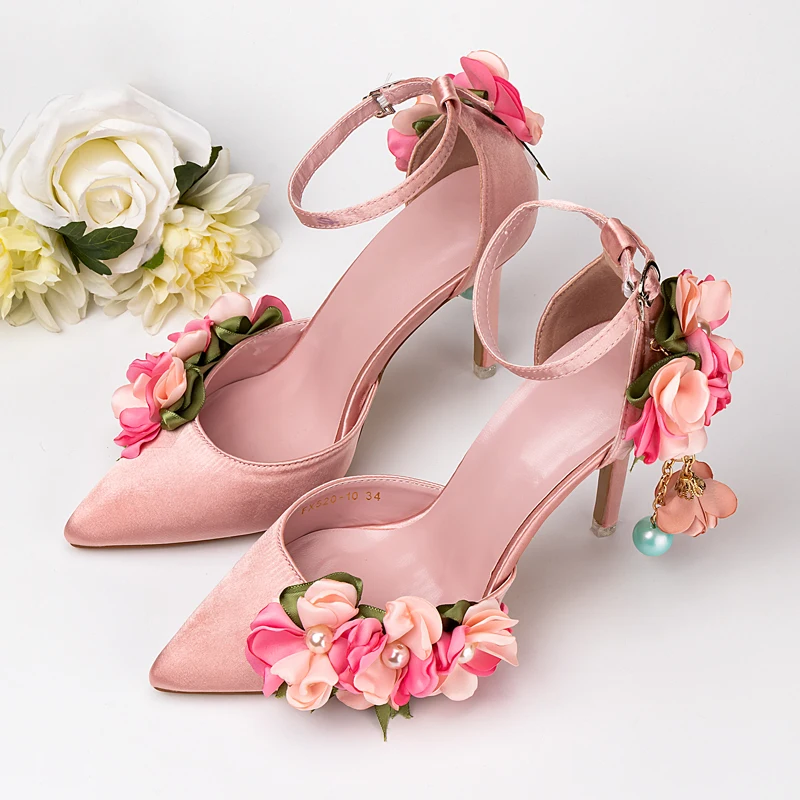 Shoes Adults Sandals Wedding Pink Silks Satins Bridal Shoes Pointed Toe Ultra High Heels Lace Flower Pearl Formal Dress Shoes